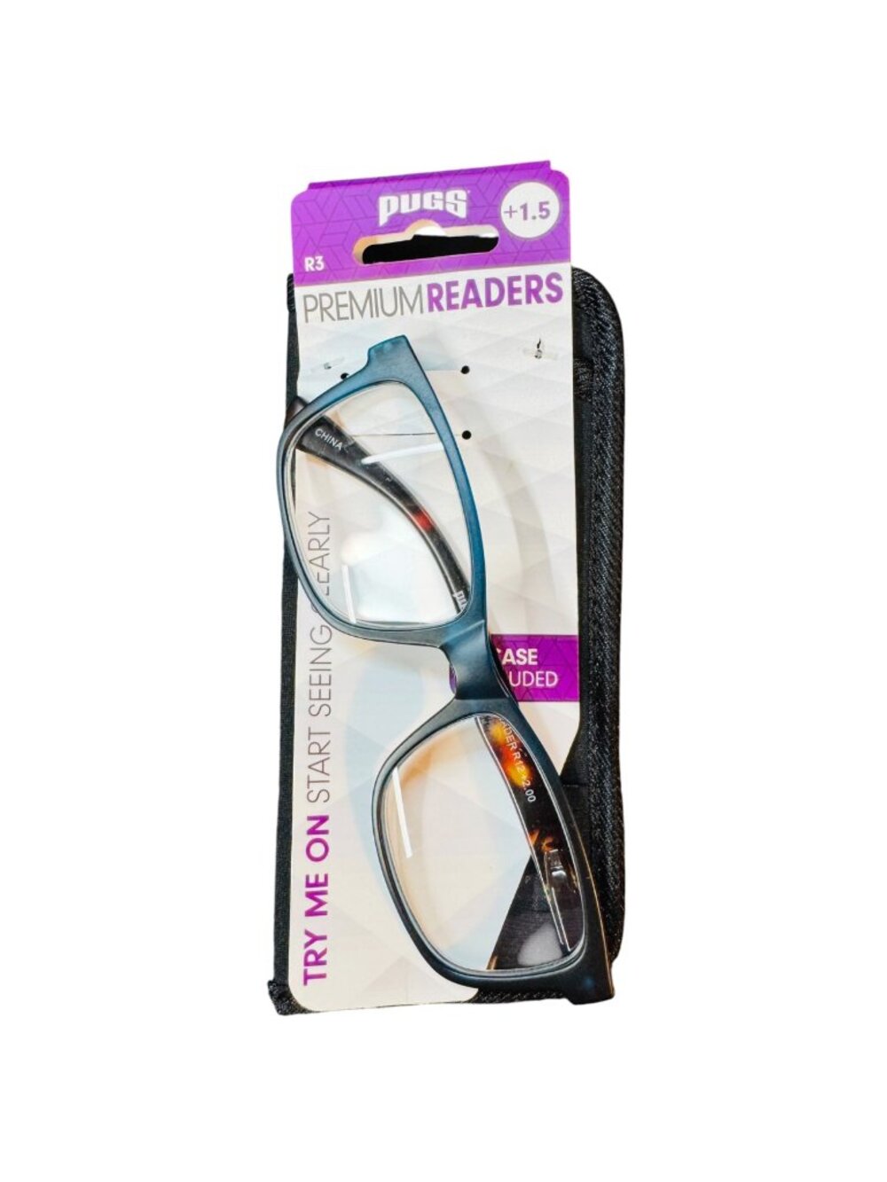 Pugs Premium Reading Glasses R3 +1.5 With Black Case Included Durable Frame Styl
